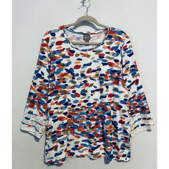 Chicos Top Womens XL Vibrant Splash Spot Lace Trim Cotton Modal Artsy Boho - Picture 1 of 8